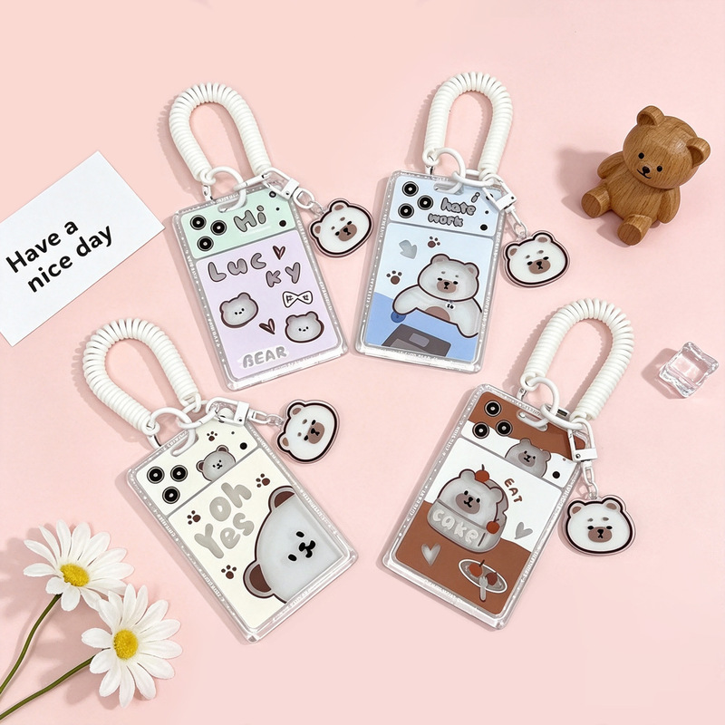 Bear-themed sliding cover card holder for students, campus meal card ID holder, protective cover, wholesale in-stock, anti-loss card case, manufacturer for foreign trade Bear-themed sliding cover card holder for students, campus meal card ID holder, protective cover, wholesale in-stock, anti-loss card case, manufacturer for foreign trade