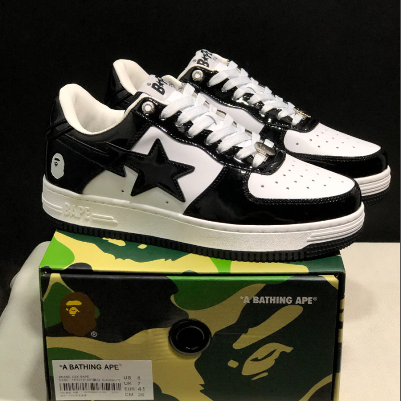 Bape Sta X Air Force X Marvel Black and White Panda Patent Leather Thick-Soled Height-Increasing Low-Top Unisex Sneakers