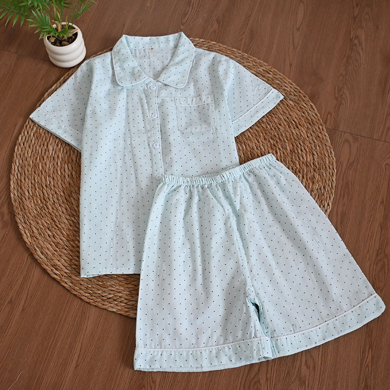 민트 블루 도트 반소매 반바지