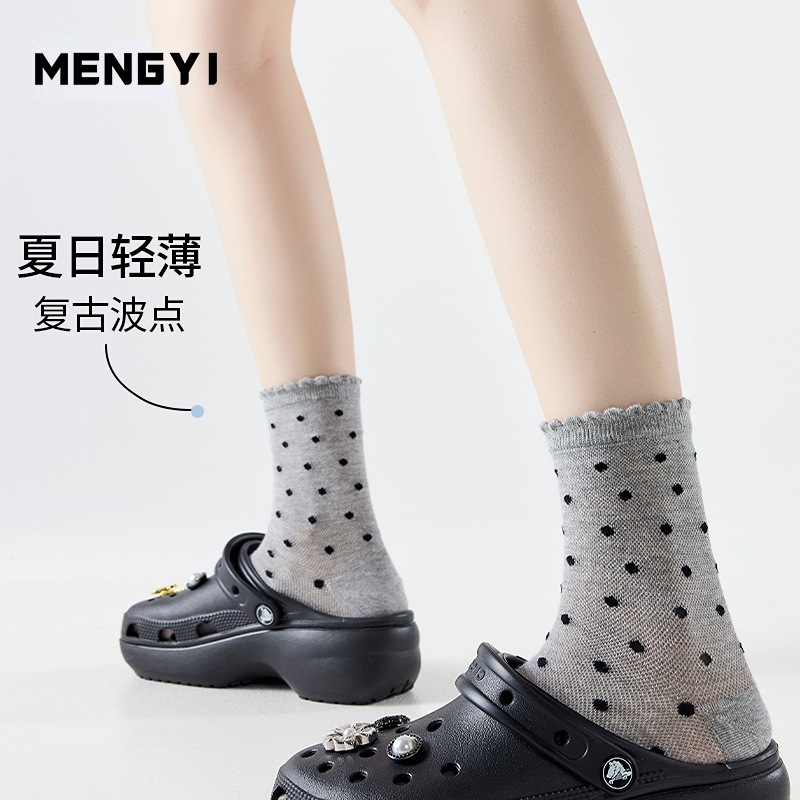 Ballet Style Socks for Women, Summer Thin Miu Series Gray Slouch Socks Paired with Small Leather Shoes, Breathable Polka Dot Mesh