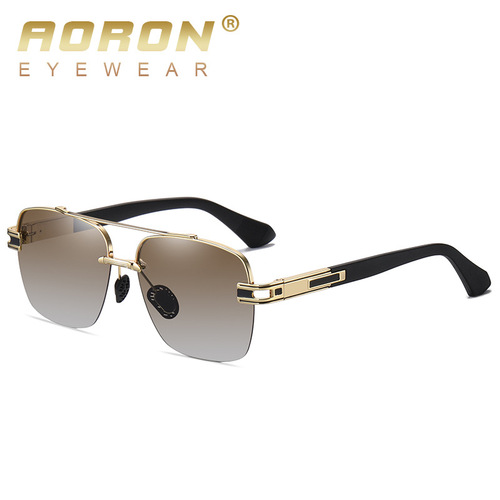 New rimless men's polarized sunglasses, fashionable large frame two-color metal square sunglasses A671