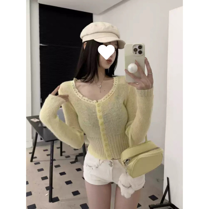 Spring New Niche Pure Lust Style Lace Single-Breasted Knitted Cardigan Women's Mohair Short Top with Noble Style