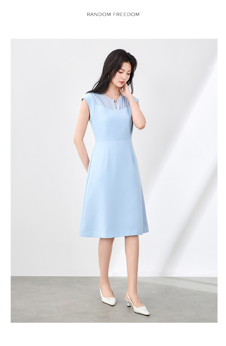 Đầm vest chữ A không tay phối voan mùa hè — Màu xanh da trời chi tiết 9