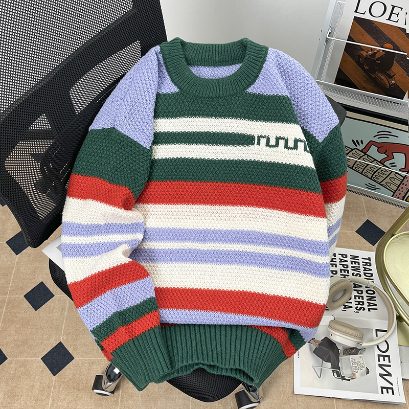 Otoño y invierno a rayas de lana de color coreana estilo de moda pareja ropa de punto perezosa suéter retro de colores masculino y femenino