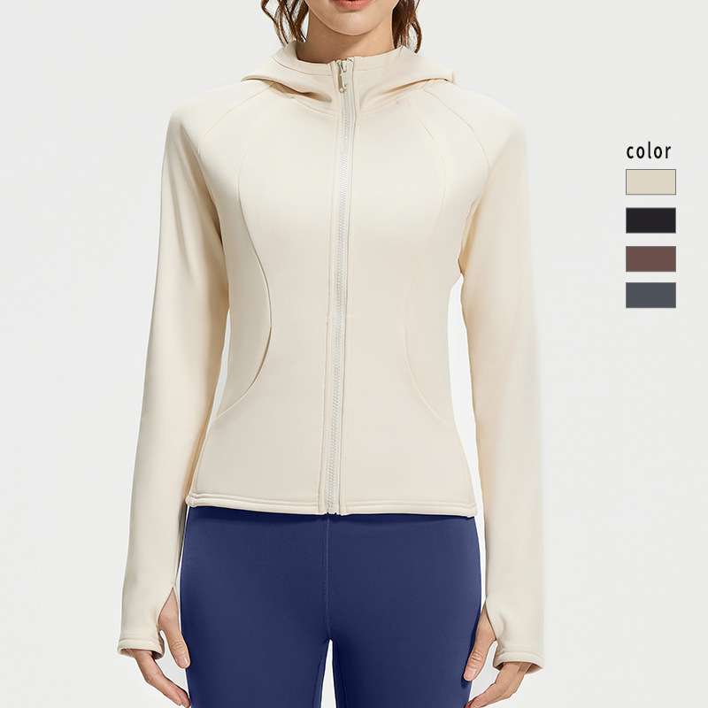 Women's Autumn and Winter Velvet Yoga Jacket, Warm, Slim Waist, Hooded Fitness Running Yoga Wear, Long-Sleeved Top