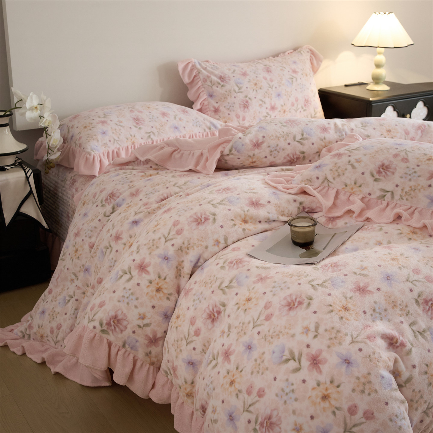 Set copriletto in pizzo e pile stile nordico francese vintage boho coreano, composto da quattro pezzi, copripiumino in velluto di latte floreale vintage francese, letto imbottito_voghion.com