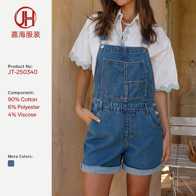 Cross-Border Exclusive Supply of Women's Casual Denim Shorts with Adjustable Shoulder Straps, Rolled-Up Hems, and Washed Blue Denim Overalls