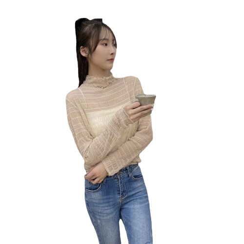 Slimming Padded Half-Neck Pleated Lace Mesh Base Top for Women—Autumn/Winter Long-Sleeve Layering Option with Elegant Appeal