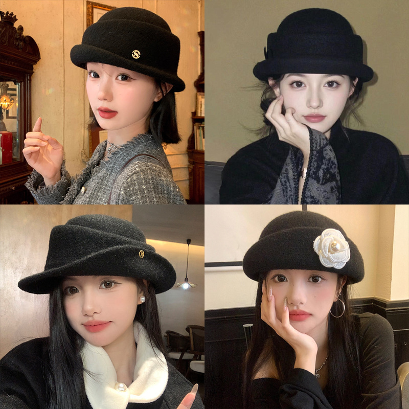 Hepburn estilo elegante sombrero de lana de invierno mujeres temperamento alto sentido sombrero de pescador de punto caliente sombrero de oro universal