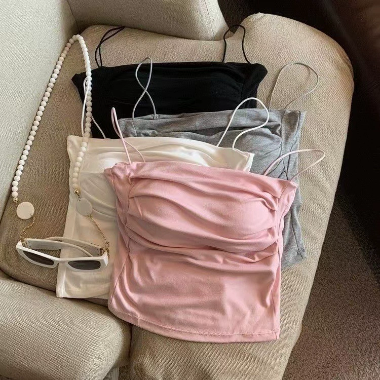 Американская горячая девушка сексуальная складчатая подтяжка маленькая жилет женская американская сладкая пряная стилистая тонкая топа с нагрудными подушками летом