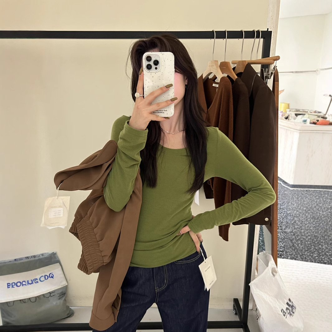 Liquidación sin devolución, té verde limón, camiseta delgada de manga larga de estilo coreano, diseño delgado y delgado, blusa de fondo ligeramente transparente image 1