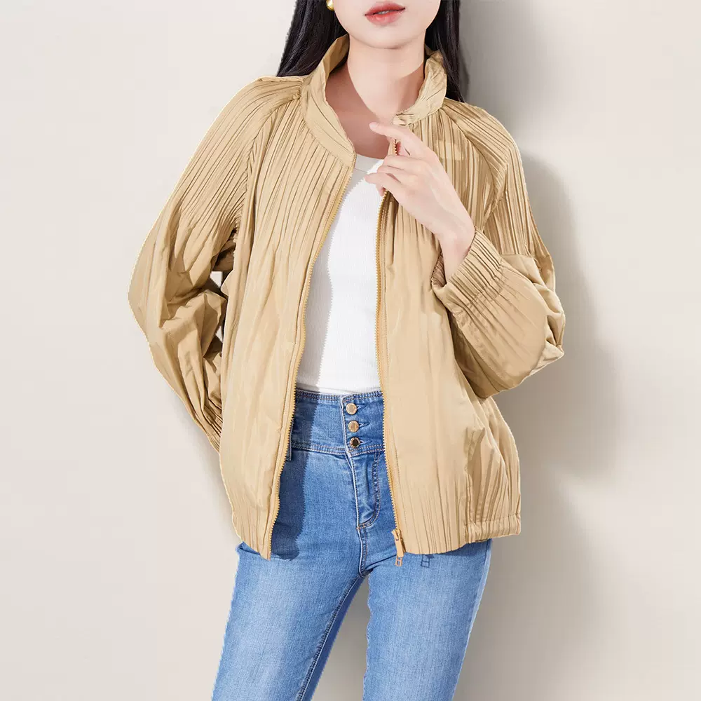 三宅专柜款棉衣面包服女款高端短款拉链冬季厚款外套褶皱棉服潮