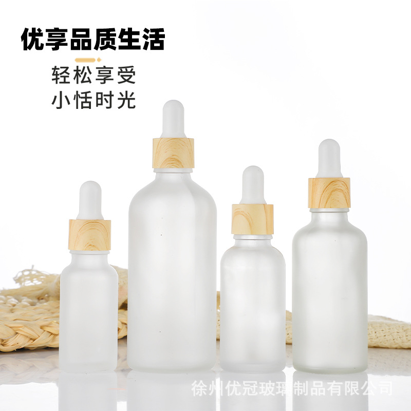 Botella de esencia a prueba de luz con tapa de imitación madera, botella de aceite esencial, botella cuentagotas de vidrio de 5-100 ml, botella para productos de cuidado de la piel, cosméticos