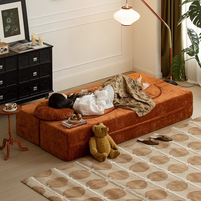 Sofá de compresión módulo de estilo antiguo sofá cama plegable de doble uso sala de estar sofá de tela de bloque de tofu retro doble
