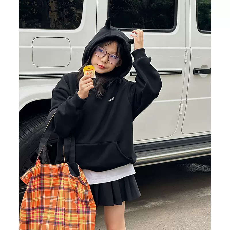 儿童小恶魔连帽卫衣2025秋冬款女童设计感外套中大童加绒长袖上衣