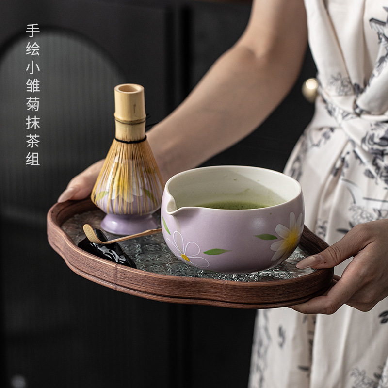 手绘小雏菊陶瓷抹茶套装宋代茶百戏打沫搅拌工具点茶碗茶筅立茶刷|undefined