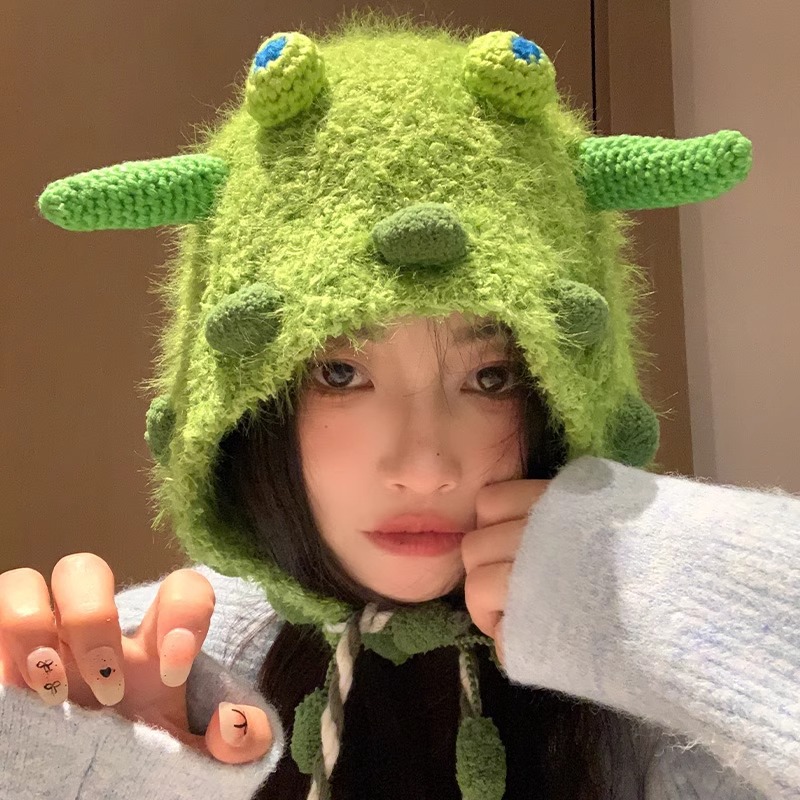 cute funny little monster plush knitted hat female autumn and winter wild face-looking small bag cap warm ear protection ushanka