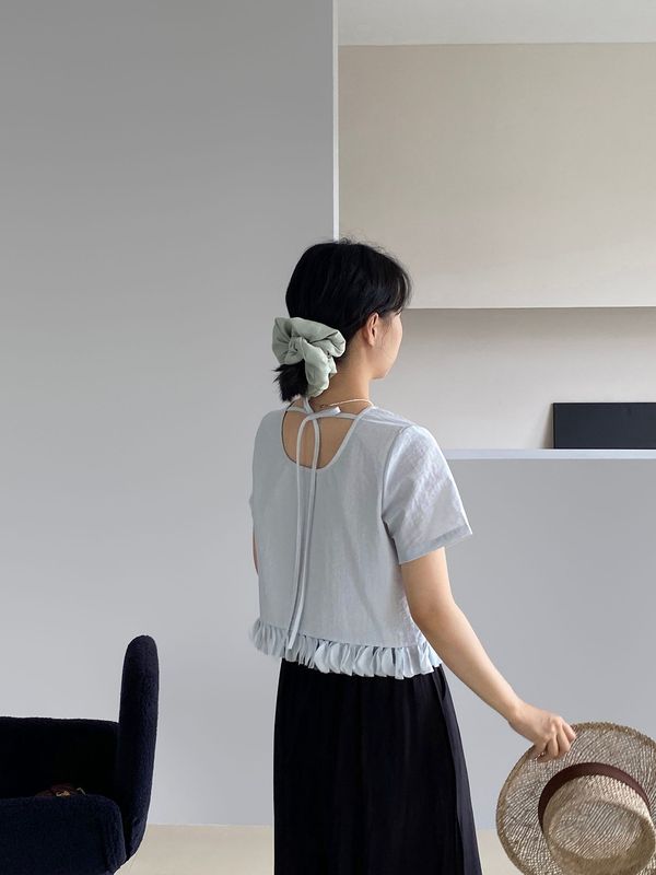 【福祉品返品不可】Jiangzuo ブルー 半袖 Tシャツ フリル裾パッチワーク ショートトップ レディース 6257|undefined