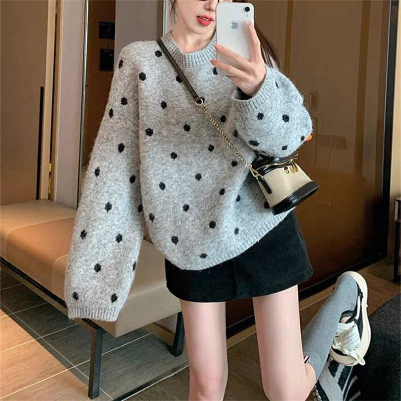 Gray Polka Dot Round Neck Pullover Knitwear Women's Cross-Border Autumn and Winter New Style Lazy Style Loose Soft Waxy Inner Knitwear