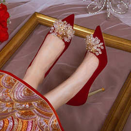 婚鞋新娘鞋红色细高跟鞋春女2024新款不累脚敬酒中式秀禾服结婚鞋