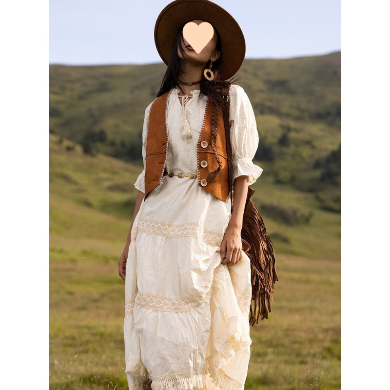 Beige Tassel Vacation Style Xinjiang Travel Outfit Bohemian Long Dress For Women Summer_ecoleips.com