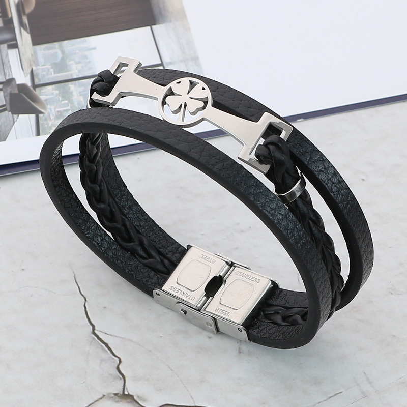 Amazon's Best-Selling Pu Pebbled Multi-Layer Leather Stainless Steel Lucky Four-Leaf Clover Bracelet Accessories Handmade Jewelry