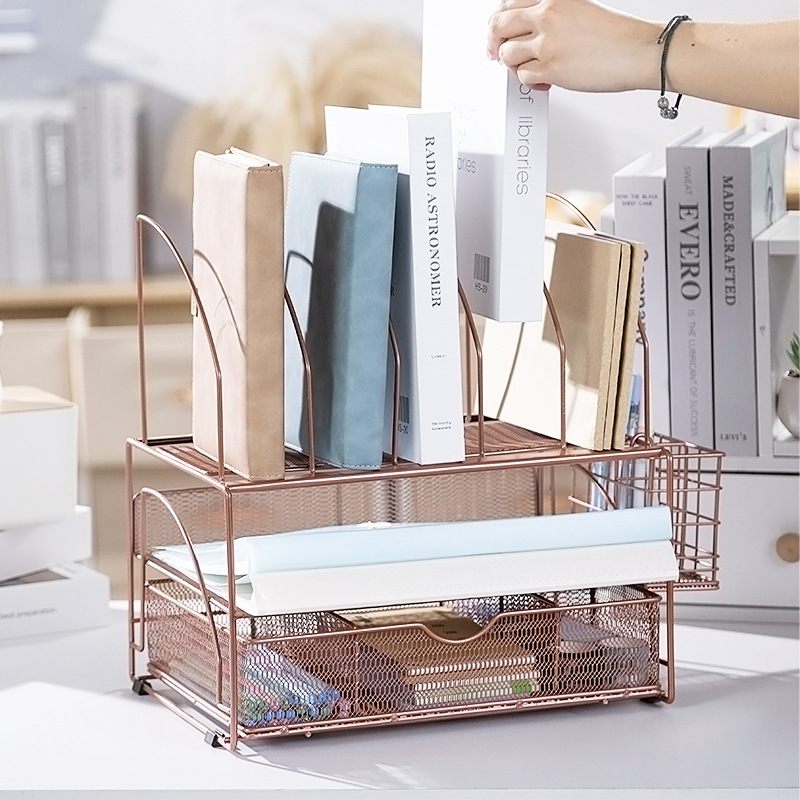Estante de archivos de escritorio, estante de archivos de metal de malla de hierro, estante de archivos de papelería de almacenamiento multicapa para suministros de oficina image 3