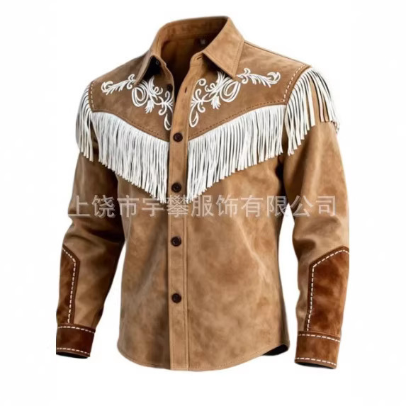 2026 New Style Western Tribal Ethnic Fringe Men's Casual Sports Outdoor Street Long-Sleeve Button-Up Shirt