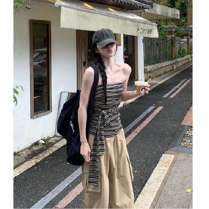 Retro Contrast Striped Backless Tube Top Women's Summer Strappy Slim Sleeves Outer Wear Design Hot Girl Top