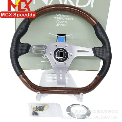 Cross-Border Direct Sales Modified D-Type 14inch Peach Wood Steering Wheel Electroplated Leather 350mm Universal Shallow Concave Racing Steering Wheel (Steering wheel) - black