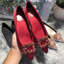 單鞋女春秋新款尖頭平底新品新娘鞋女水鑽方扣淺口大碼新品黑色