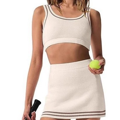 Hot-selling, in-stock Amazon waffle knit set, new foreign trade tennis skirt, sports and outdoor knit tennis skirt set