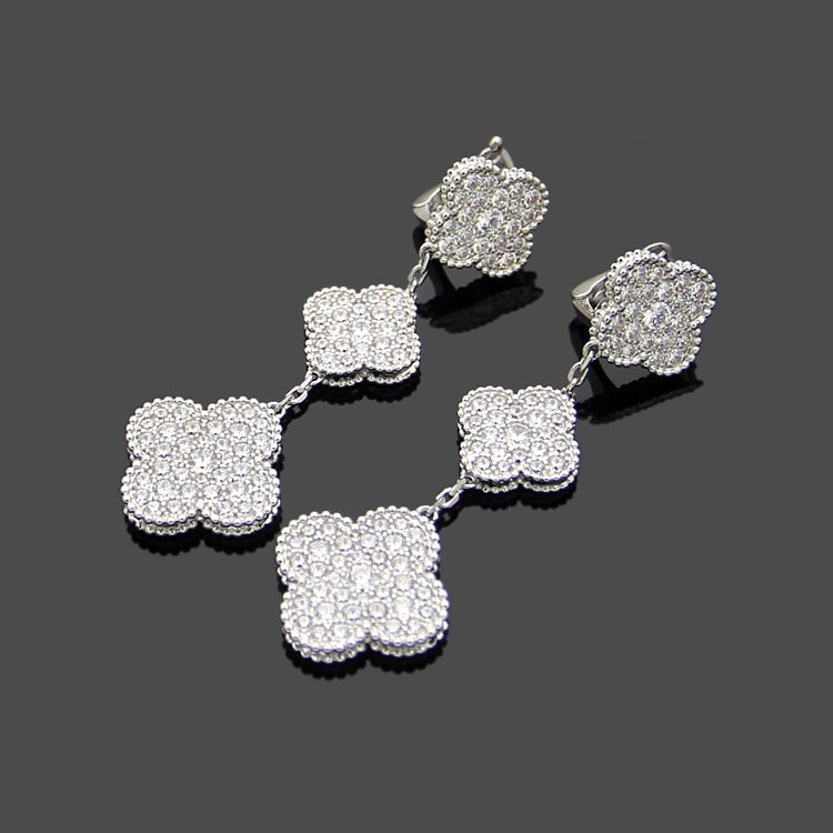 thumbnail for High version: Fanjia elegant design, four-leaf clover, full of diamonds, three-flower drop earrings, luxury fashion, high-end earrings