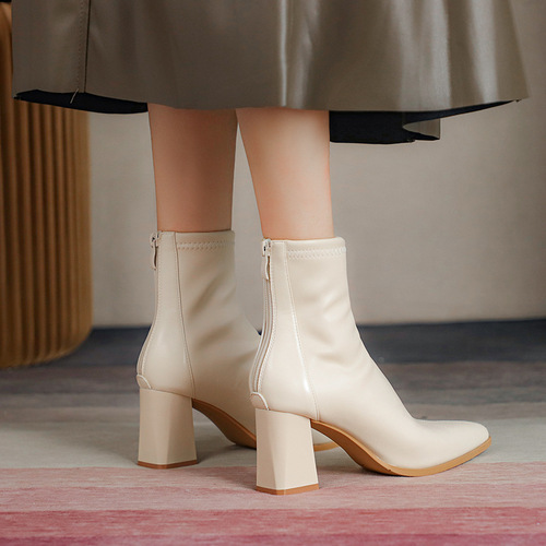 Fuhao pointed toe short boots high heel women's leather boots  new winter women's shoes back zipper French bare boots simple
