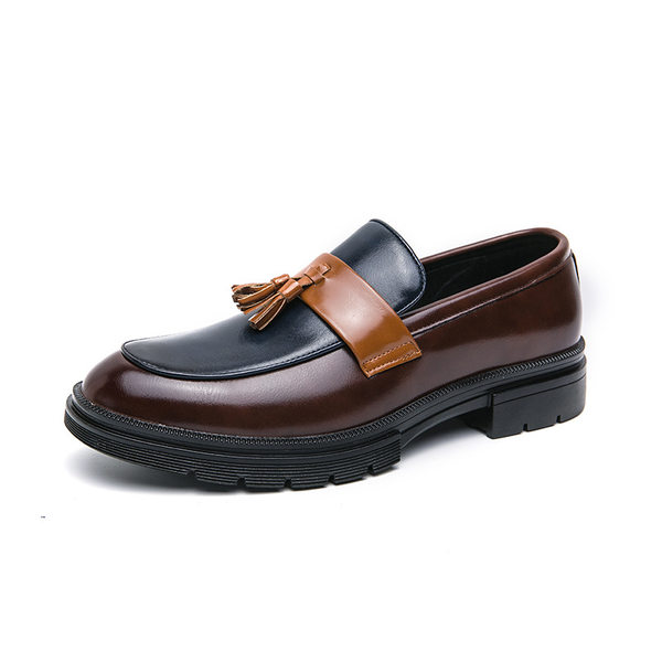 Giày lười nam da PU mũi nhọn phối màu tua rua kiểu Anh, gót thấp 1-3 cm — 2909 nâu xanh lam, 2909 đen trắng