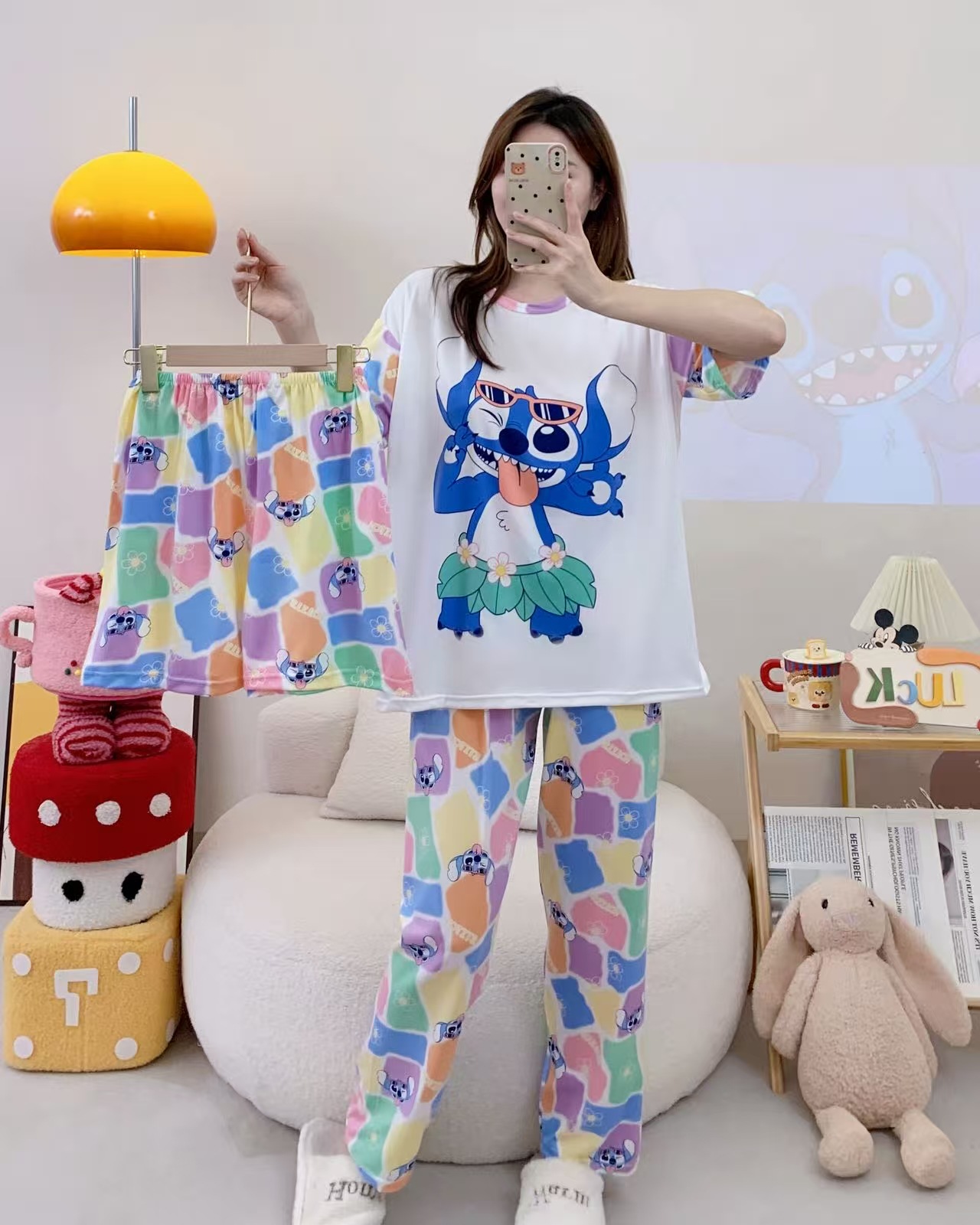 Pijamas de verano transfronterizos pijamas de leche de seda de tres piezas set de dibujos animados comercio exterior ropa para el hogar pantalones de mangas cortas lindos