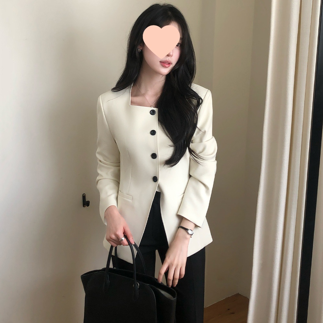 French-style elegant square neck, straight shoulders, single-breasted, waist-cinching, slimming, unique design top/jacket in off-white for women.