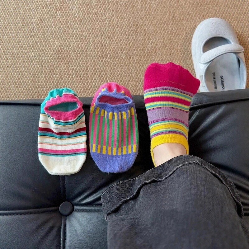 Dopamine Colorful Boat Socks for Women, Cute Color-Blocked Plaid Non-Slip No-Show Summer Thin Invisible Boat Socks