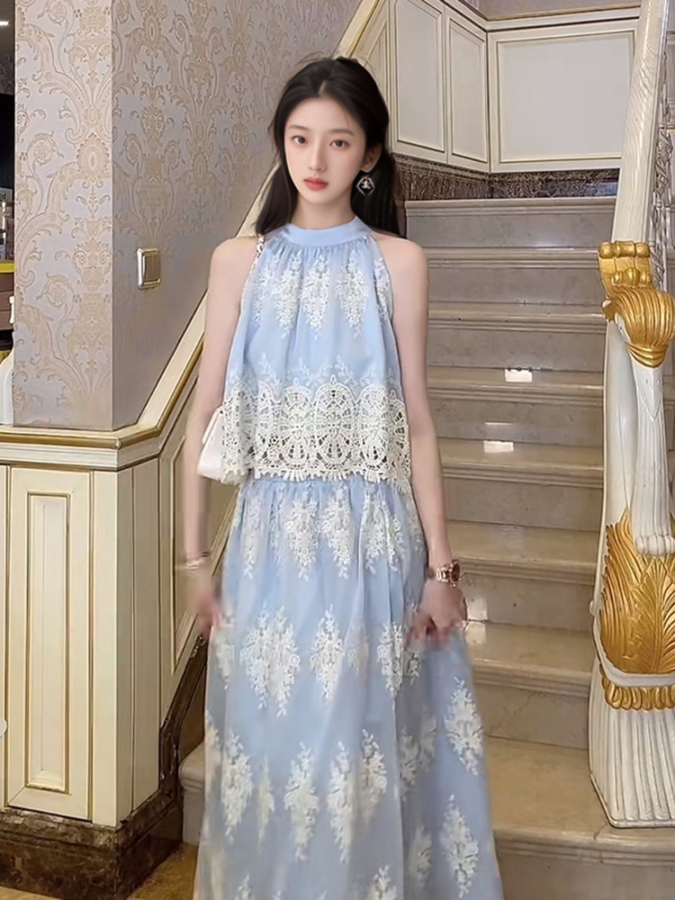 Set áo váy nữ phong cách Trung Hoa mới thêu rỗng, eo cao mùa hè ZX N5038 — Áo, Váy nửa