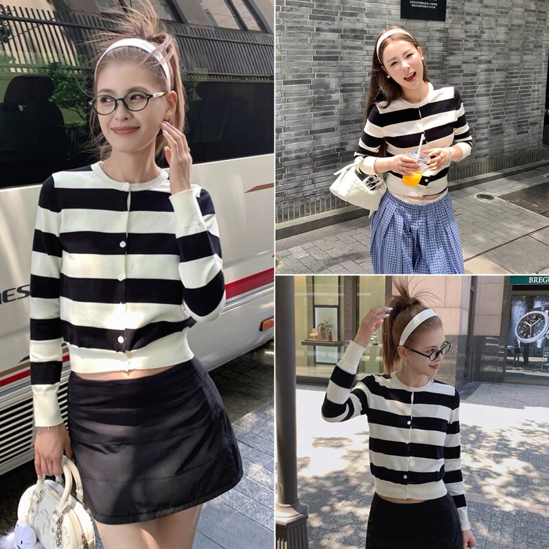 Special Discount! House Pony Embroidered Stripesd High Count High Density Cotton Long-Sleeved Knitted Cardigan Top for Women