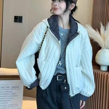 连帽夹棉短外套女格子拼接二棉夹克秋季新款轻薄棉服薄款棉衣