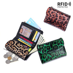 新しいヒョウ柄ショートウォレット RFID 大容量レディースソフトレザーテクスチャクラッチバッグ収納バッグ第一層牛革財布