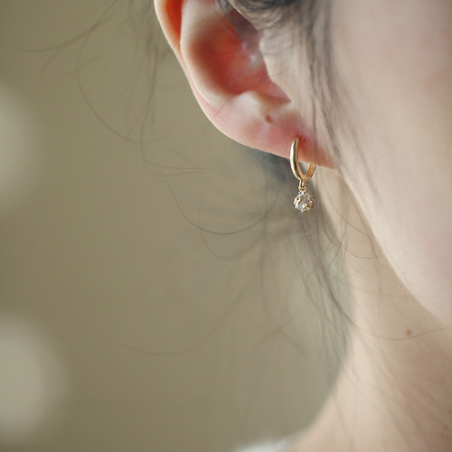 Shining ball S925 silver plated 14K gold earrings zircon temperament simple small earrings sterling white fungus buckle ear bone ring