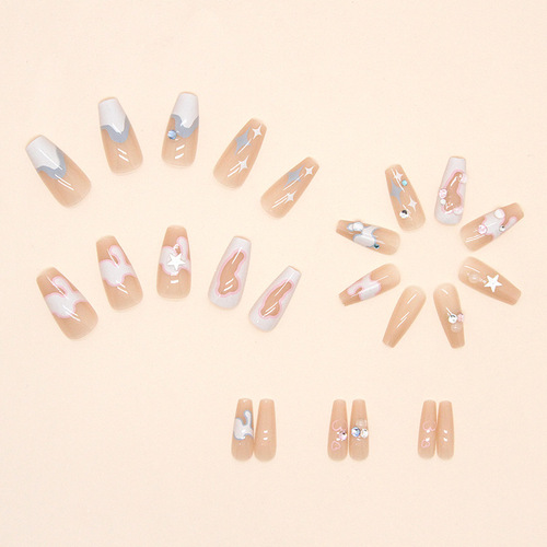 Sweet, cool and elegant double color manicure, medium and long diamond wear nails, sparkling ins style fake nails, 24 pieces in box