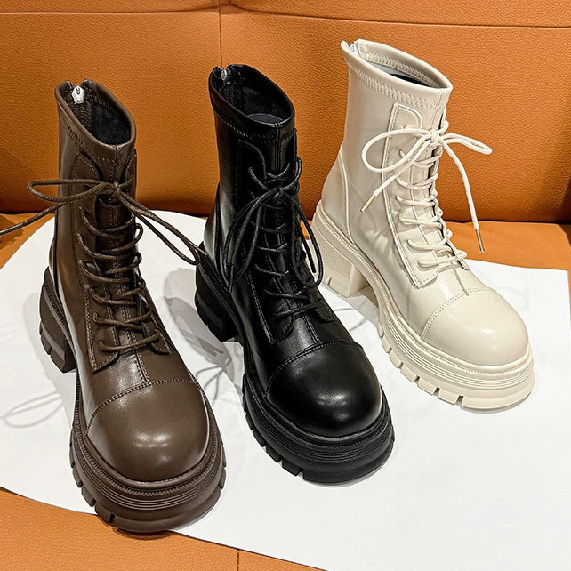 Женские коричневые ботинки Martin из натуральной кожи на толстой подошве и массивном каблуке. Новые черные универсальные короткие ботинки на шнуровке для осени и зимы 2025 года для невысоких людей.