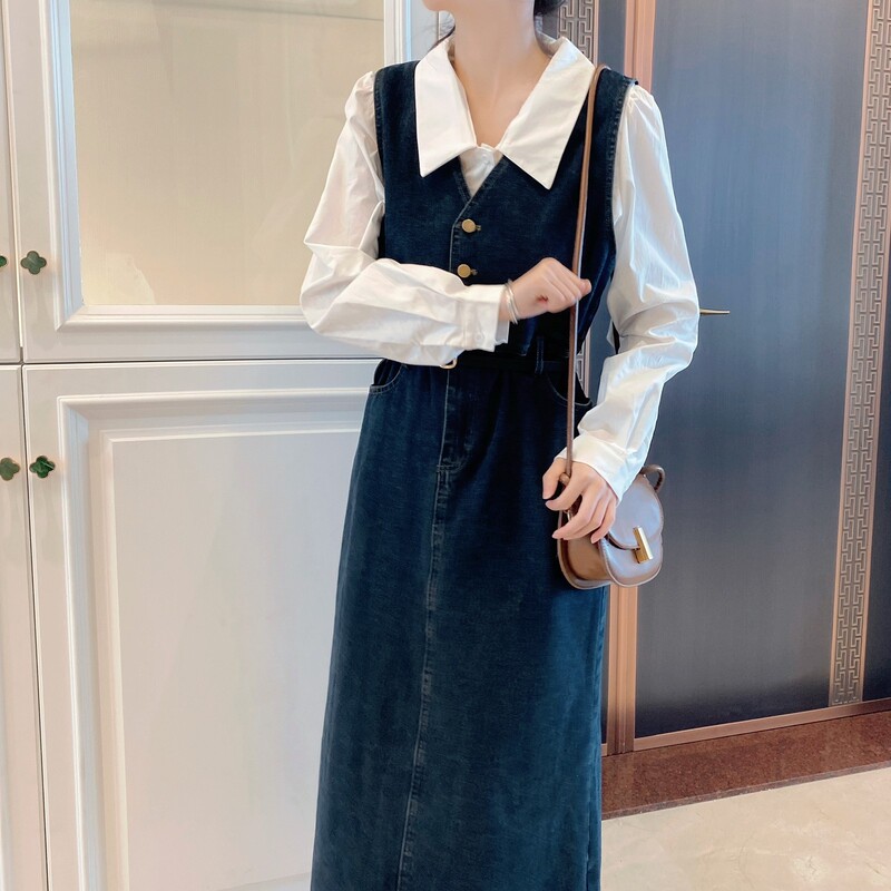 Camisole dress suit Denim vest skirt women's autumn Chanel style white shirt casual two-piece top Camisole dress suit Denim vest skirt women's autumn Chanel style white shirt casual two-piece top