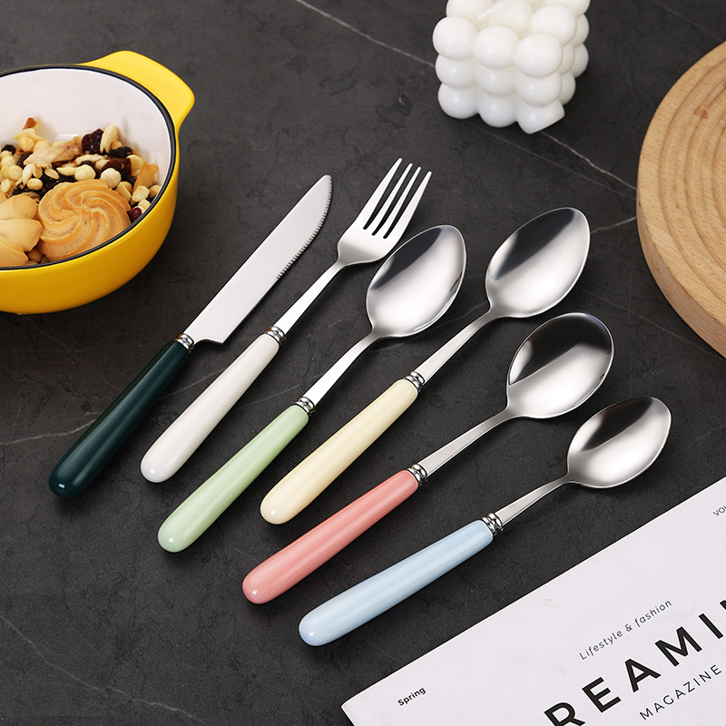Stainless Steel Cutlery Macaron Knife and Fork for Home Use, High Aesthetic Value Fork with Ceramic Handle, Korean-Style Portable Student Dining Spoon Stainless Steel Cutlery Macaron Knife and Fork for Home Use, High Aesthetic Value Fork with Ceramic Handle, Korean-Style Portable Student Dining Spoon