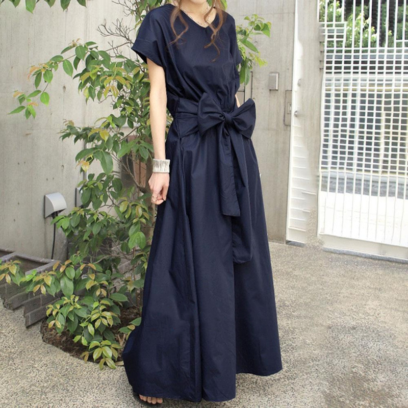6-Color Japanese-Style 2026 Summer Back-Tie Bow Short-Sleeve Long Dress Solid Color Mid-Length Dress 6-Color Japanese-Style 2026 Summer Back-Tie Bow Short-Sleeve Long Dress Solid Color Mid-Length Dress