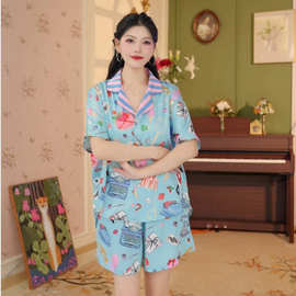 源头工厂新款冰丝睡衣蓝色图鉴春夏季短袖长裤五件套卡 通家居 服