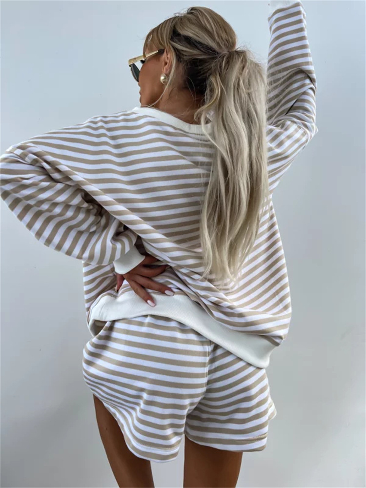 Casual Striped Suit For Women V-neck Long-sleeved Loose Top Paired With Shorts In The Same Color Ladies Spring Summer 2piece Set_voghion.com